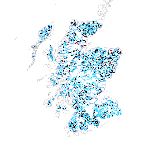 Figure 2. The National Electrofishing Programme for Scotland in year 1 (black – 1 pass sites; red – 3 pass sites). Note that some sample locations could change during the sample season depending depending on the need for oversamples.