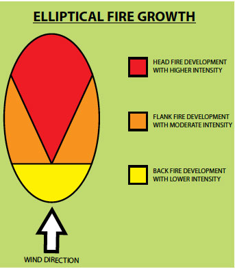 Fig. B5.5 Elliptical fire development where the fire burns with different intensities around its perimeter, depending on its alignment with wind