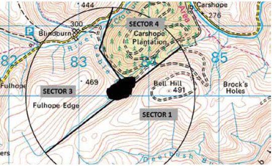 Fig. B7.15 A second method is to use features on the landscape to identify sector boundaries. In this example the stream and the edge of the wood have been used as a visual method to divide the incident into three sectors.