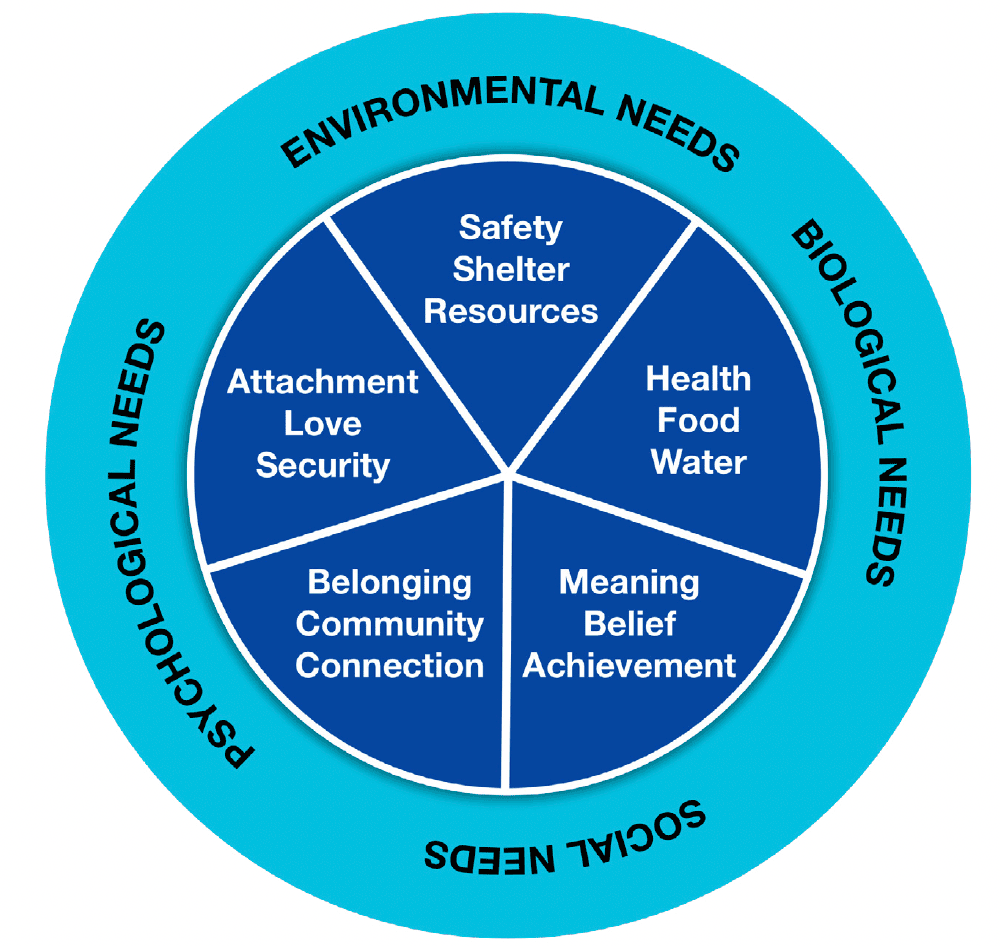 An adaptation of the ‘wheel of wellbeing’ showing the environmental, biological, social and psychological needs of an individual, that if fulfilled contribute to good positive wellbeing. Each of the needs represented in the wheel must be in place to enable optimal health. If one or more of the segments are missing, it can result in a decline in physical or mental health.