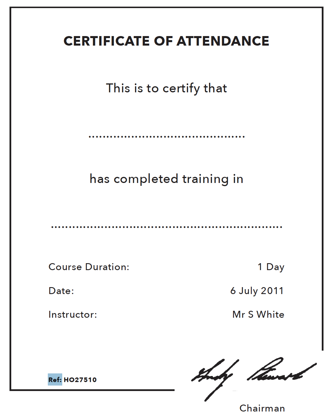 Certificate of attendance template to recognise training course has been completed.