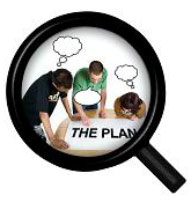 Magnifying glass with people looking at a plan
