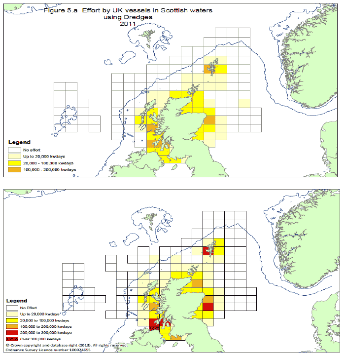 UK fishing effort by dredge in Scottish Waters in 2011 (top) and 2012 (bottom)