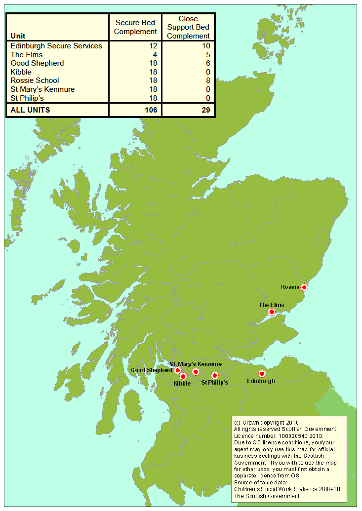 MAP 1: SECURE AND CLOSE SUPPORT UNIT BED COMPLEMENT AND LOCATION IN SCOTLAND ON 31ST MARCH 2010