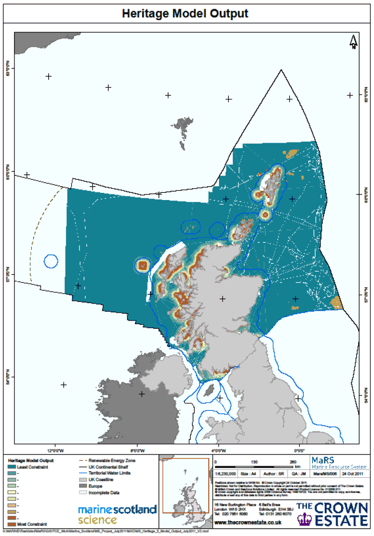 Figure 4 Output from the heritage restriction model for offshore wind development in Scottish waters.