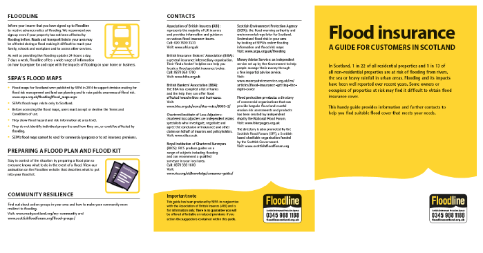 An example of an information leaflet produced by SEPA as part of Floodline. This one is about flood insurance.