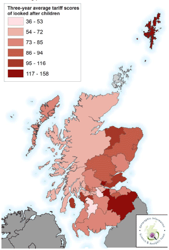 Map 1: Three-year average tariff scores of looked after children, by local authority, 2009/10 to 2011/12