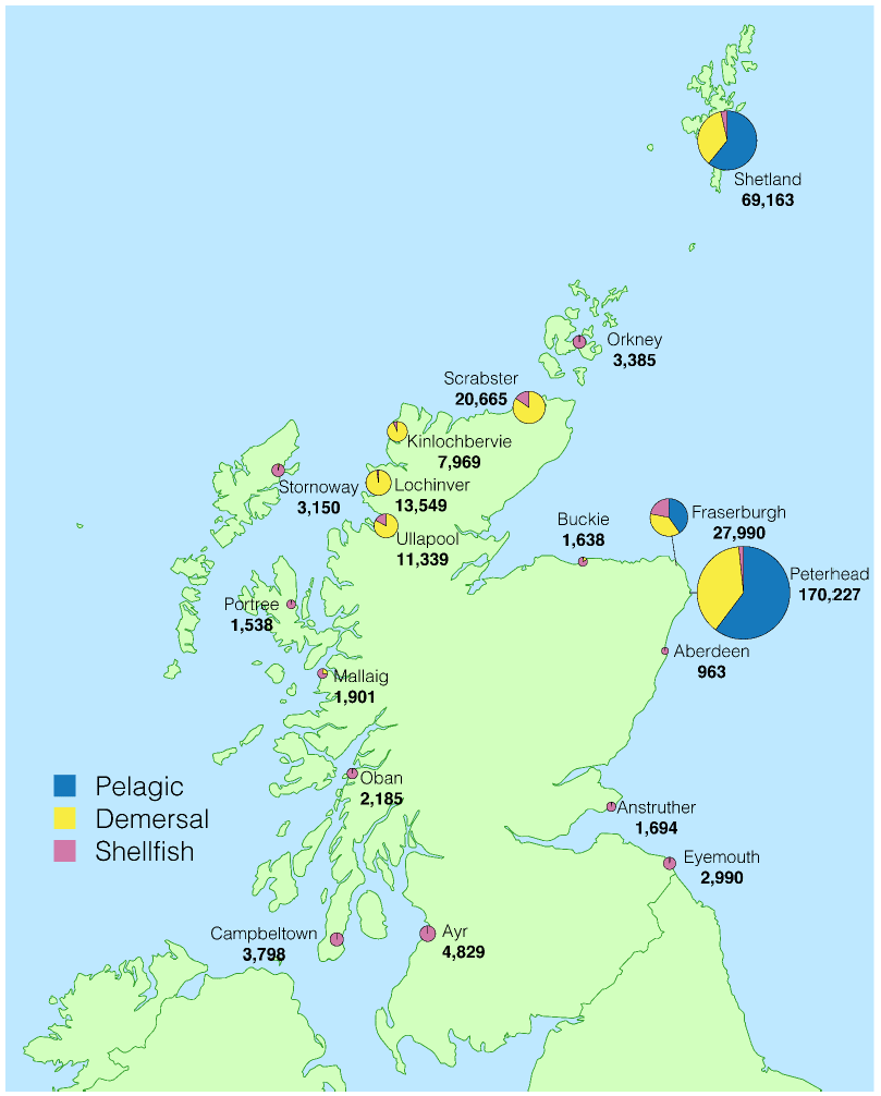 Figure 6. Tonnage landed into Scotland by all vessels by district and species type in 2018